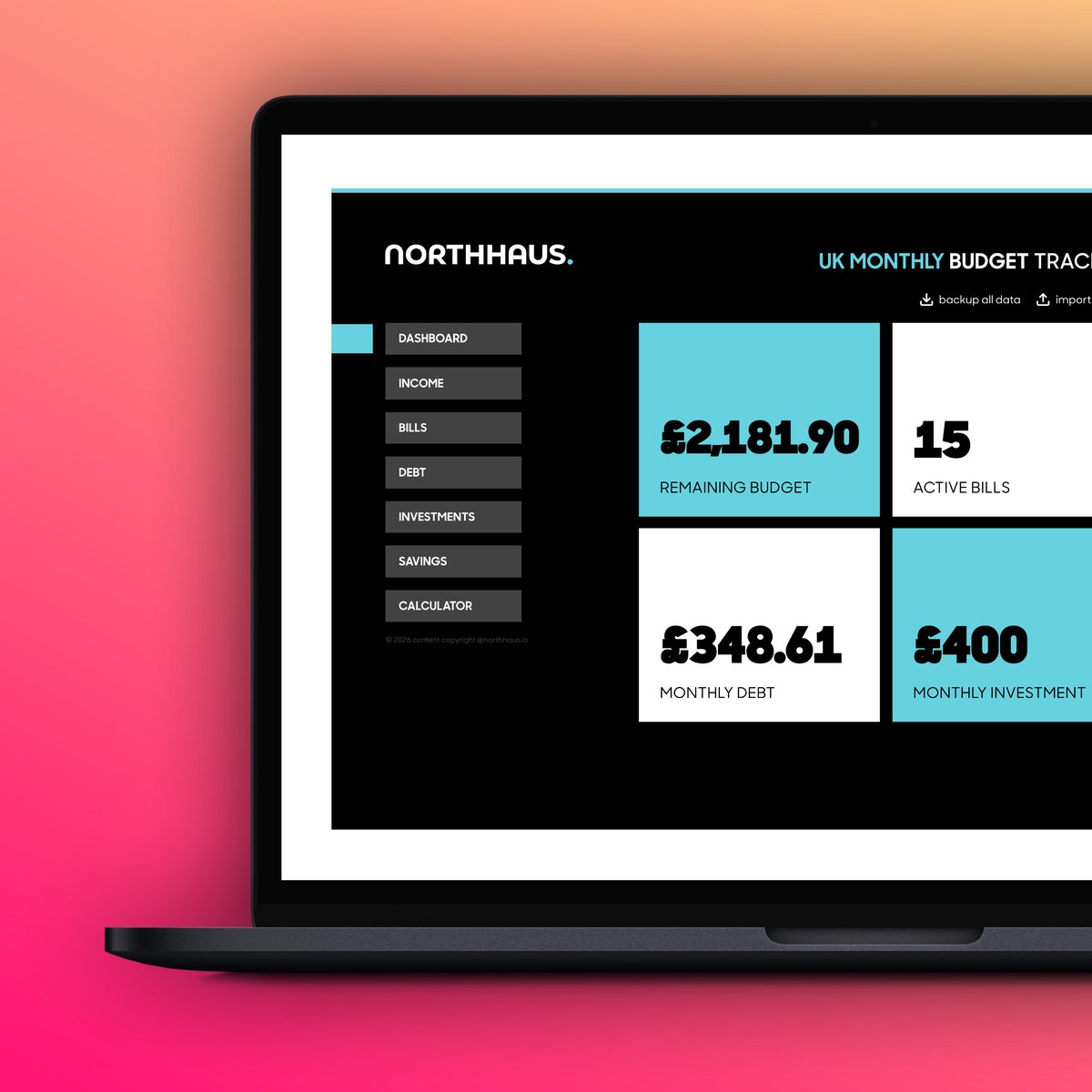 Northhaus UK Monthly Budget Tracker dashboard — bills, debt and investment overview