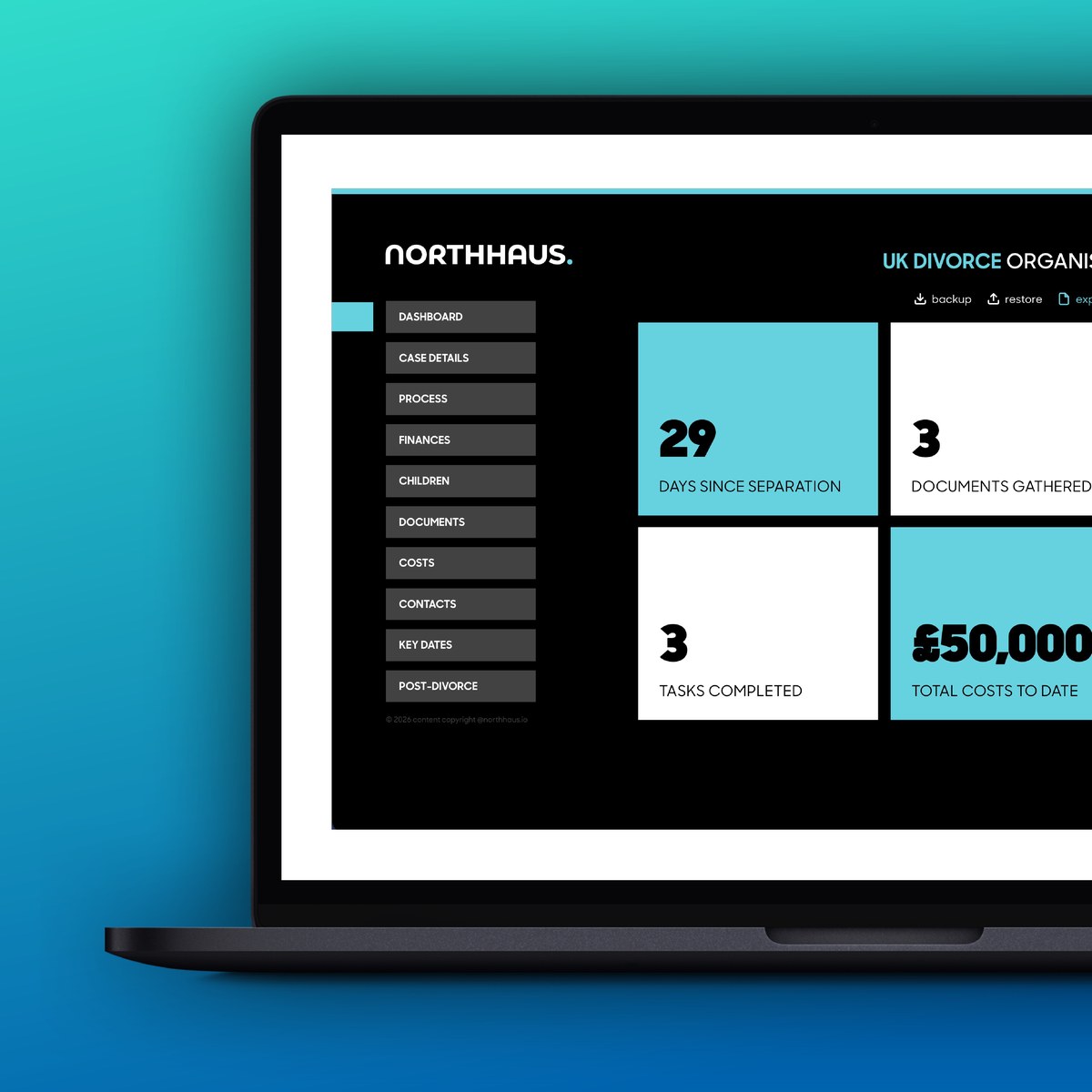 Northhaus UK Divorce Organiser dashboard — finances, paperwork and key dates view
