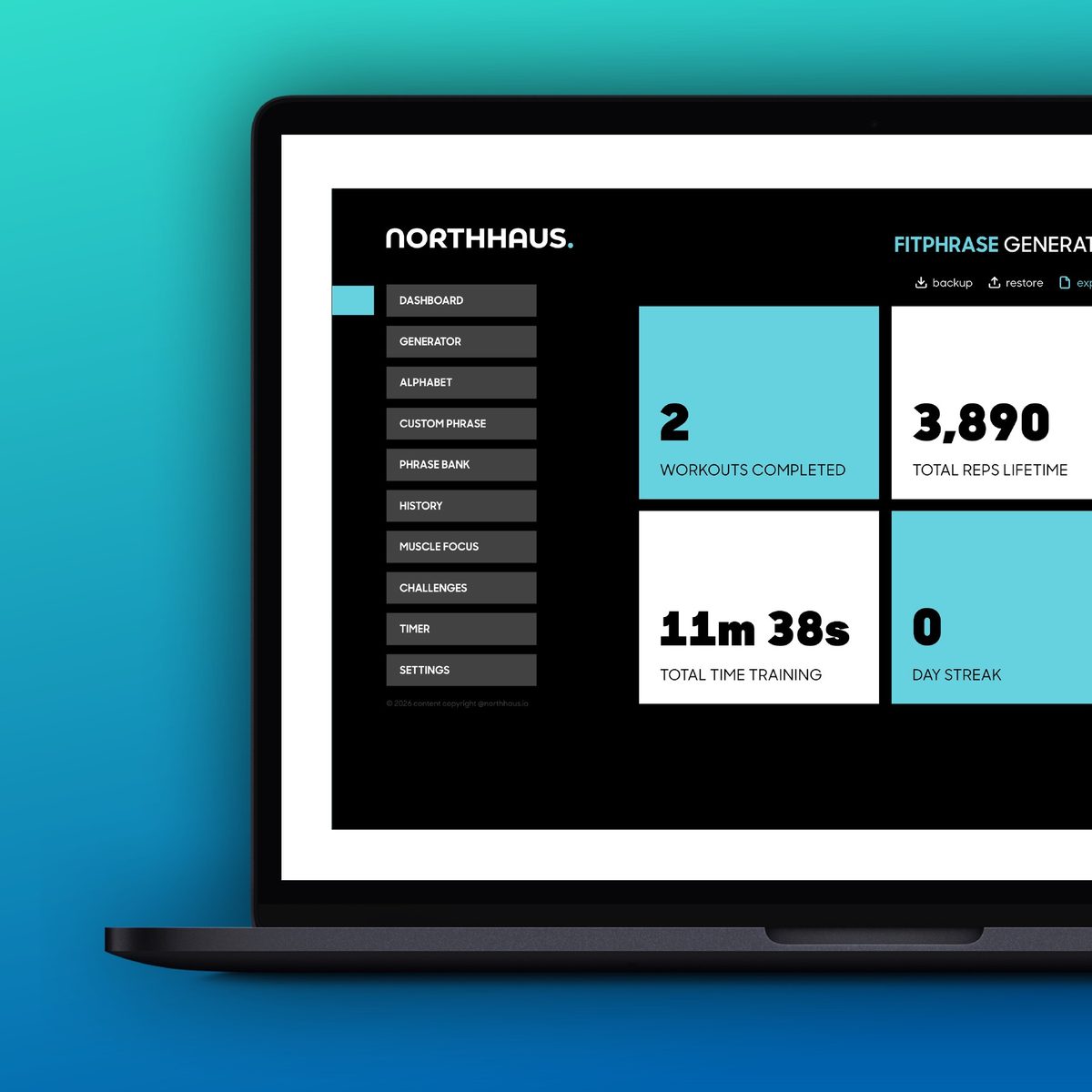 Northhaus Fit Phrase Generator dashboard — A–Z exercise mapping and workout builder