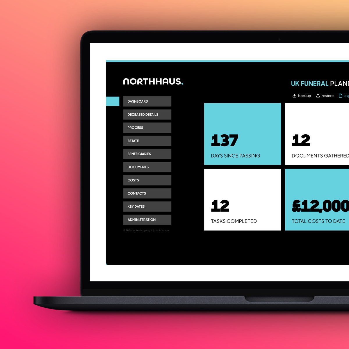 Northhaus UK Funeral Planner dashboard — registration, funeral arrangements and estate overview
