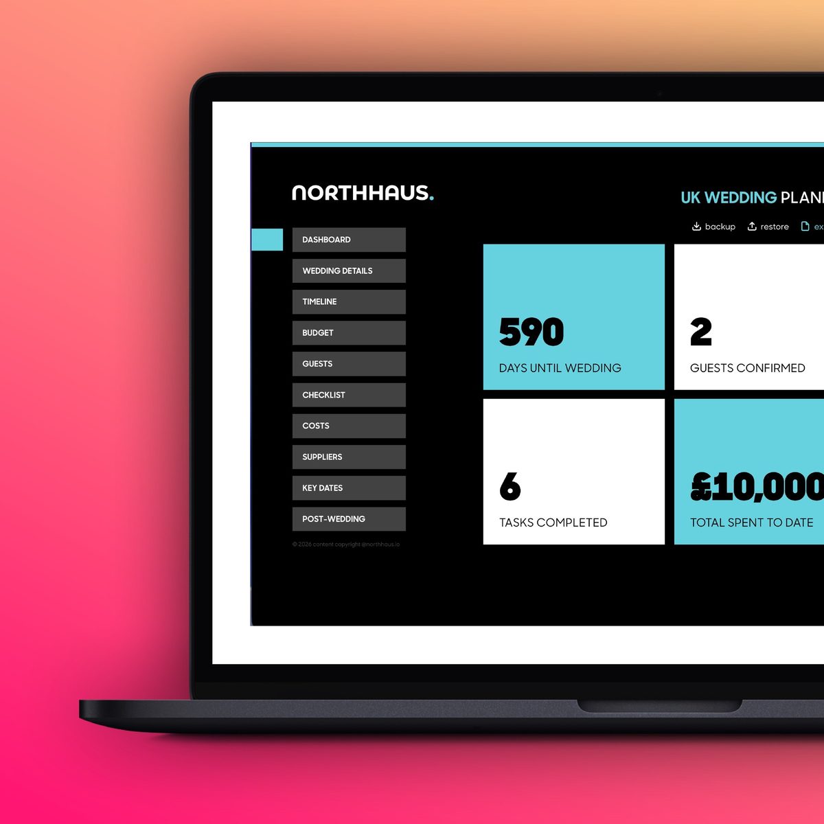 Northhaus UK Wedding Planner dashboard — budget tracker, supplier list and timeline view